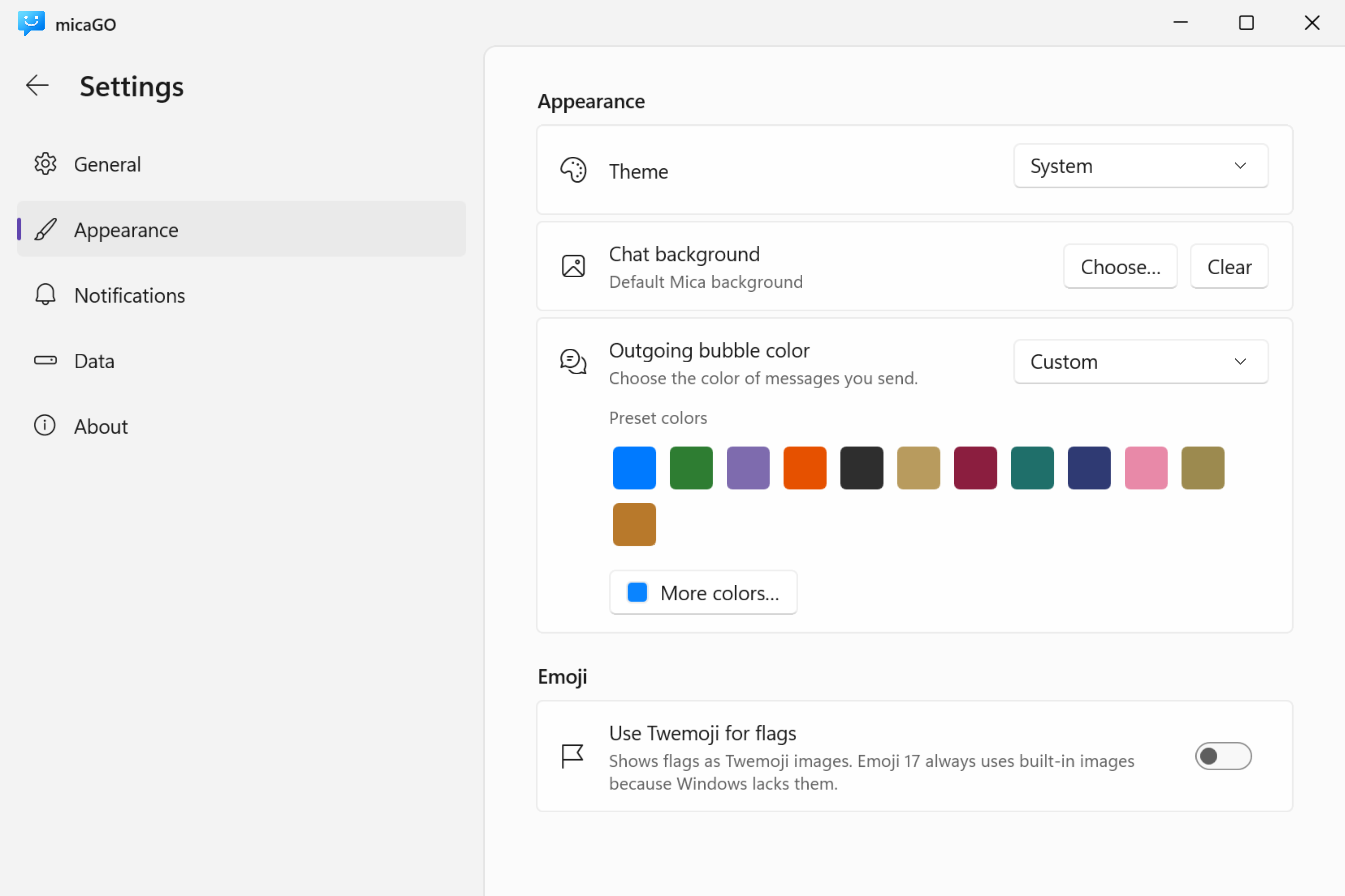 micaGO Windows appearance settings